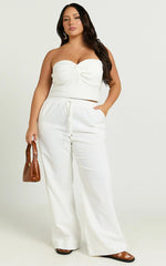 Hamilton Linen Blend Pants - Straight Elasticated Mid Waist Pants in White