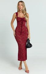Collette Midi Dress - Ruched Bust Wide Strap Detail Lace Midi Dress in Wine