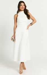 Macy Midi Dress - High Neck A Line Dress in Off White