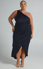 Felt So Happy Midi Dress - One Shoulder Drape Dress in Navy