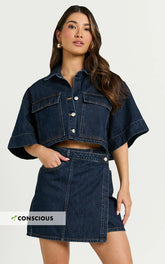Katherine Top - Crop Button Down Collared Recycled Denim Short Sleeve Top in Dark Blue Wash
