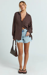 Leanne Top - Button Down Linen Blend Long Sleeve Shirt in Chocolate