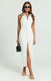 Lillibelle Midi Dress - Collared Button Down Bodycon Dress in Off White