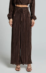 Kallie Pants - High Waist Drawstring Plisse Pants in Chocolate
