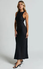 Fernley Midi Dress - Linen Racer Neck Slip Dress in Black