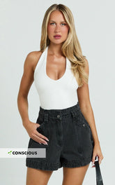 Kayla Shorts - High Waisted A Line Denim Shorts in Washed Black