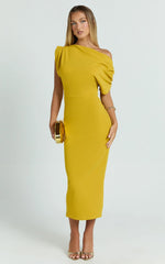 Nalfie Midi Dress - Tipped Shoulder Jersey Drape Dress in Mustard
