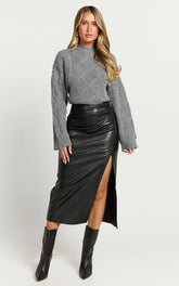Chantel Midi Skirt - High Waist Ruched Faux Leather Skirt in Black