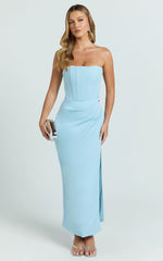 Avery Midi Dress - Strapless Draped Side Split Dress in Blue