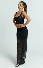 Andrea Two Piece Top and Skirt Set - Lace Cami Top And Midi Skirt in Black