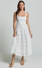 Clarissa Midi Dress - Square Neck Open Back A Line Dress in White