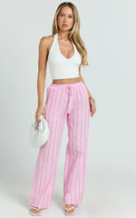 Layla Pants - Mid Waisted Relaxed Elastic Waist Pants in Pink Stripe