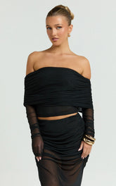Roza Top - Asymmetric Long Sleeve One Shoulder Top in Black