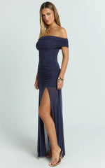 Alanna Maxi Dress - Off Shoulder Ruched Mesh Dress in Ink
