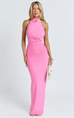 Francis Maxi Dress - Halter Ruched Backless Dress in Pink