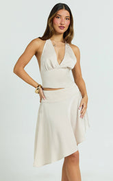 Eugenia Midi Skirt - Mid Waisted Asymmetric Satin Skirt in Cream