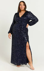 Mariella Midi Dress - Sequin Long Sleeve Thigh Split Dress in Navy