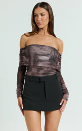 Jambee Top - Long Sleeve Off Shoulder Ruched Mesh Top in Brown Multi