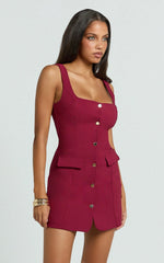 Kenna Mini Dress - Square Neck Button Down Mini Dress in Wine
