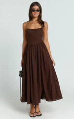 Morris Midi Dress - Linen Scoop Neck Gathered Dress in Chocolate