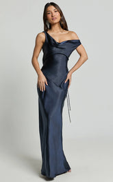 Adilah Maxi Dress - Cowl Neck Satin Dress in Navy