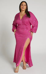 Arlington Midi Dress - Sequin Long Sleeve Dress in Hot Pink