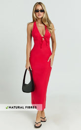 Lyla Midi Dress - Tie Front Plunge Halter Linen Blend Dress in Red