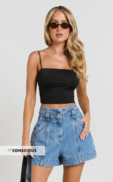 Kayla Shorts - High Waisted A Line Denim Shorts in Mid Blue Wash