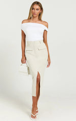 Brylee Midi Skirt - High Waisted Front Split Skirt in Stone