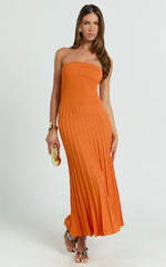 Paris Midi Dress - Strapless Drop Waist Pleated Knit Dress in Orange