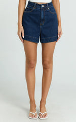 Rhianna Shorts - Mid Waist Recycled Denim Shorts in Indigo Wash