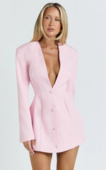 Ninette Mini Dress - V Neck Tulip Hem Blazer Dress in Pink