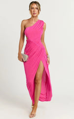 Cristle Midi Dress - One Shoulder Side Cut Out Thigh Split Dress in Hot Pink
