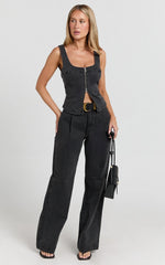 Bellerose Top - Front Zip Denim Fitted Top in Washed Black