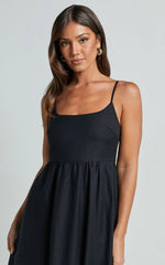 Kayrie Midi Dress - Strappy A Line Linen in Black