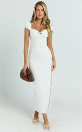 Farrow Midi Dress - Cap Sleeve Ruched Bust Fitted Dress in Off White