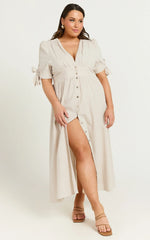 Avegail Midi Dress - V Neck Button Through Short Sleeve Dress in Bone