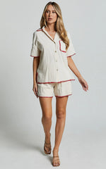 Josie Shorts - Linen Look Red Trim Detail Shorts in Cream & Red Print