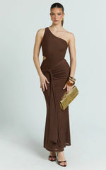 Mandy Midi Dress - Knot Detail Cut Out Mesh Dress in Chocolate