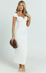 Farrow Midi Dress - Cap Sleeve Ruched Bust Fitted Dress in Off White