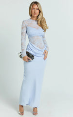 Crisanta Maxi Dress - Long Sleeve Contrast Lace Bodycon Dress in Pale Blue