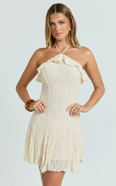 Rhea Mini Dress - Jacquard Ruffle Halter A Line Dress in Cream