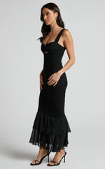 Kody Midi Dress - Bodycon Ruched Mesh Cut Out Dress in Black