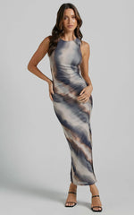 Loralie Midi Dress - Mesh High Neck Bodycon Dress in Brown Tie Dye