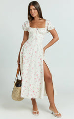 Imani Midi Dress - Puff Sleeve Square Neck Circle Skirt Dress in Cream