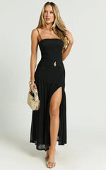 Nathaly Midi Dress - Drop Waist Dress with Gold Detail in Black