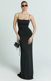 Edna Maxi Dress - Straight Neck A Line Maxi Dress in Black