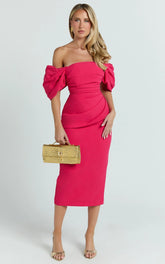 Lohan Midi Dress - Off Shoulder Puff Sleeve in Berry