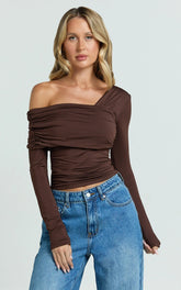 Cate Top - Long Sleeve Asymmetrical Neckline Top in Chocolate