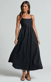 Kayrie Midi Dress - Strappy A Line Linen in Black